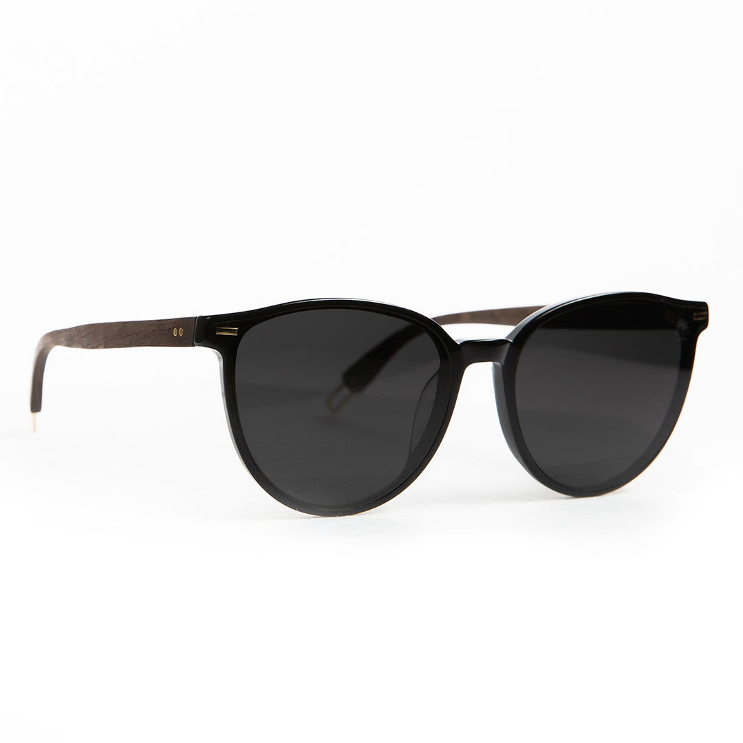 Dark Wood Cat Eye with Polarized Lens: Black